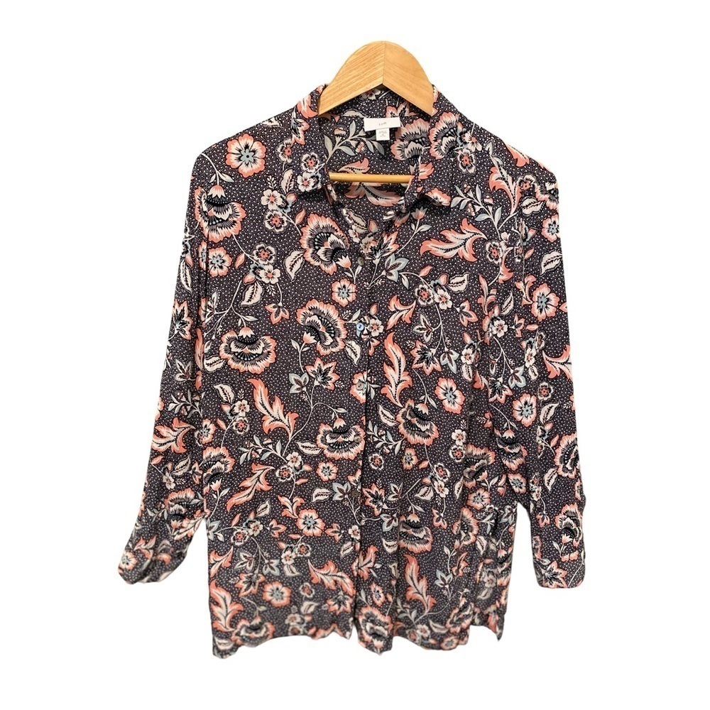 J. Jill Long Sleeve Floral Button Up Tunic Blouse Shirt Size MP